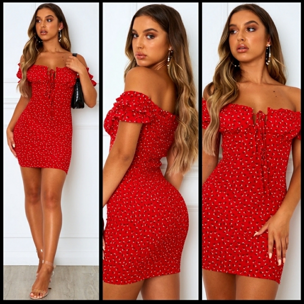 RED FLORAL OFF THE SHOULDER DRESS